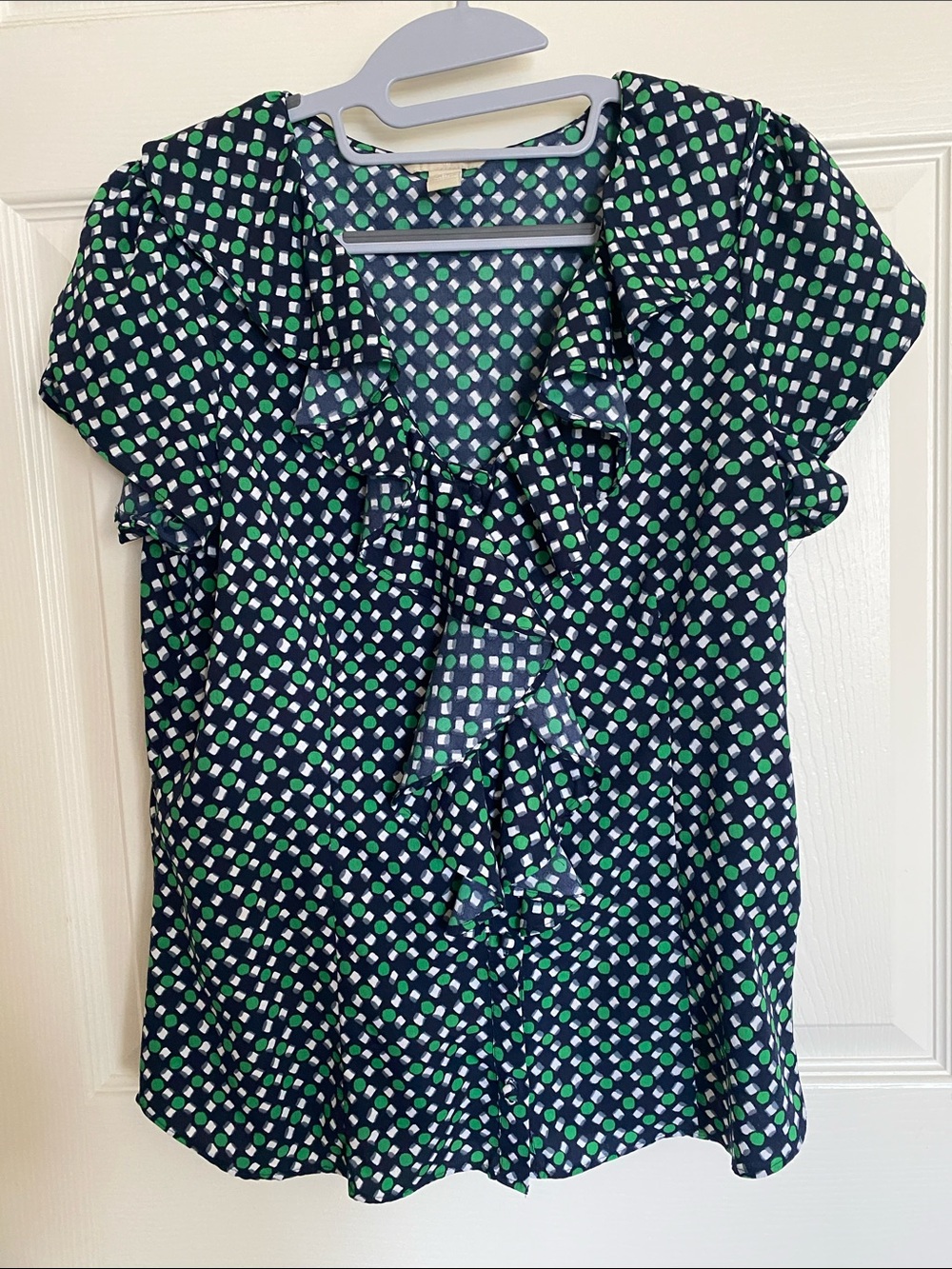 Banana Republic Navy Blouse with Green and White Geometric Dot Print